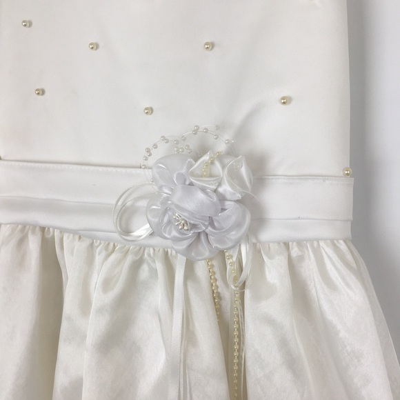 First Communion Dress White Sheer Satin Overlay Tank Pearl Flower Appliqué Sz 10 - Picture 4 of 16